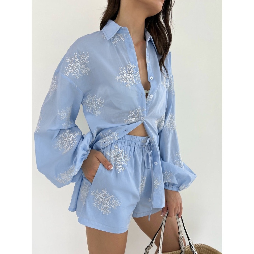 Commense Blue Embroidered Shirt and Shorts Set - Bohemian Style Loungewear M